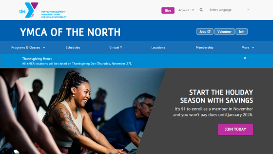 YMCA of the North homepage with holiday membership savings offer and join button alongside people exercising.