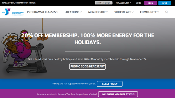 YMCA South Hampton Roads website offering 20% off membership with promo code HEADSTART and buttons for guest policy and weather status.