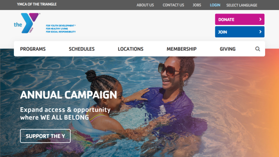 YMCA Annual Campaign promoting access and opportunity with a support button and navigation menu