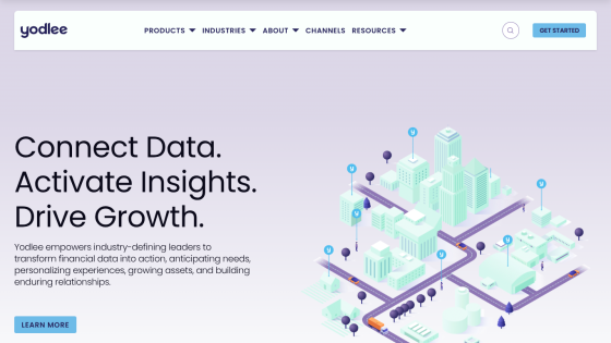 Homepage featuring a tagline about data insights and growth with a stylized city graphic.