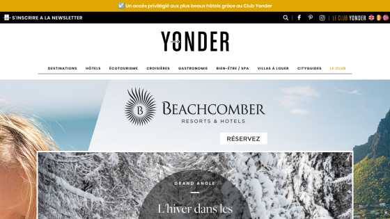 Yonder travel site with navigation menu and hero section promoting Beachcomber Resorts & Hotels and Shura island openings