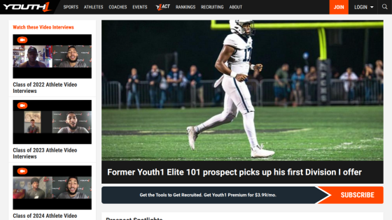 Youth1 sports site featuring athlete video interviews and news on a Division I offer