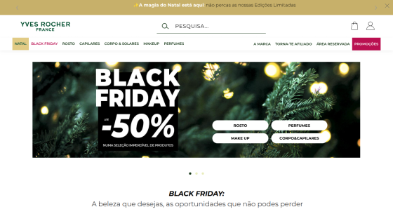 Yves Rocher France website showing Black Friday up to 50% off promotion with navigation menu and search bar