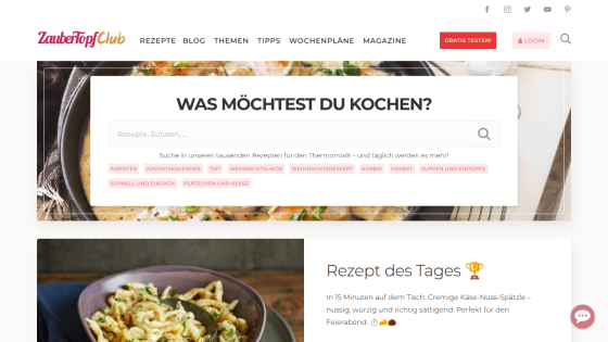 ZauberTopfClub homepage with recipe search bar and featured recipe of the day for creamy cheese nut spaetzle