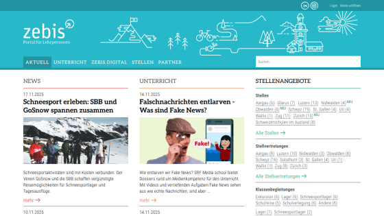 Zebis portal homepage for teachers with news on winter sports and fake news education, job listings, and navigation menu.