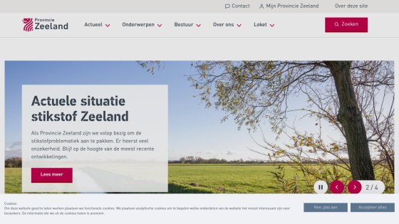 Provincie Zeeland website showing decisions list for November 11, 2025, with a meeting photo and navigation menu
