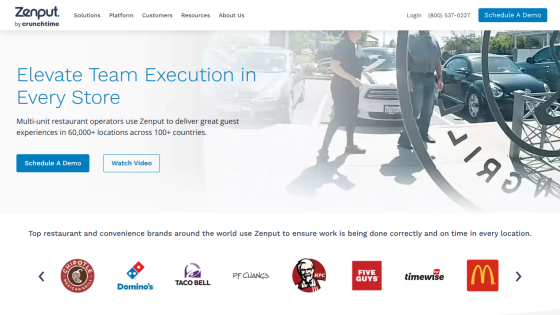 Homepage of Zenput showcasing team execution in stores with logos of partner brands.