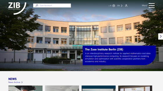 Homepage of ZIB with the institute's description and news section.