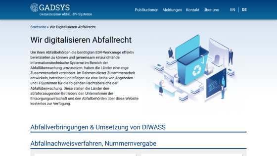 GADSYS website explaining digitalization of waste law with text and illustration of recycling bin and data systems