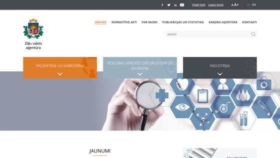 Zāļu valsts aģentūra homepage with navigation for patients, healthcare specialists, and industry, featuring a stethoscope image