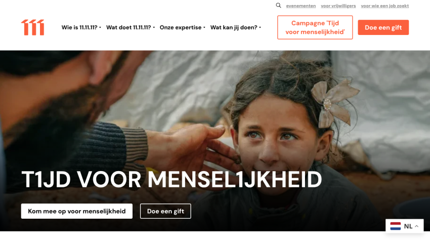 Charity campaign homepage with a child and adult, call to action for humanity and donations