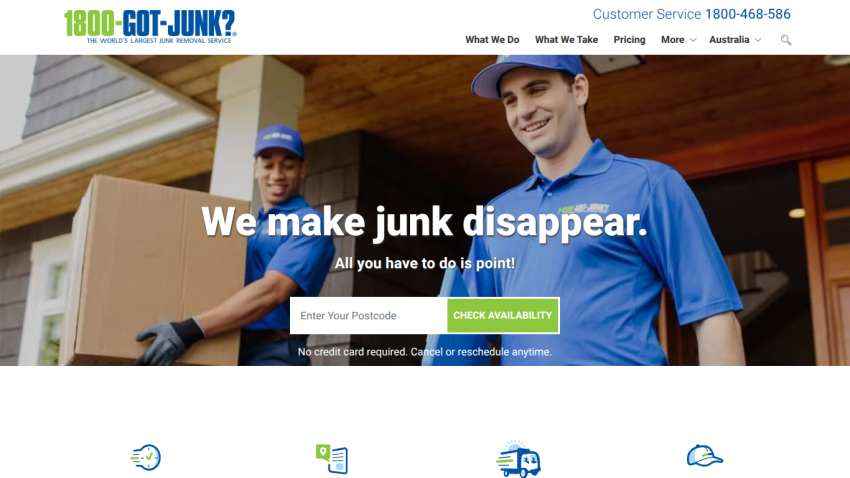 Junk removal service homepage with headline 'We make junk disappear' and postcode availability check