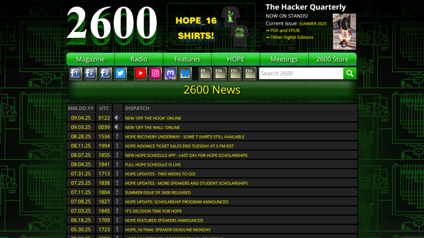 Homepage of 2600 Magazine featuring news articles and navigation links.