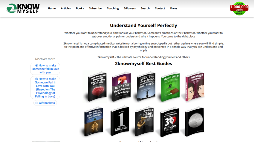 Know Myself website homepage with navigation, headline about understanding emotions, and best guides displayed as book covers
