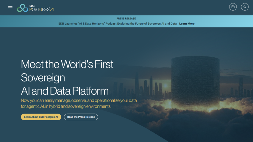Homepage introducing the world's first sovereign AI and data platform with options to learn more or read the press release