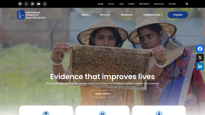Homepage of International Initiative for Impact Evaluation with headline 'Evidence that improves lives' and navigation menu