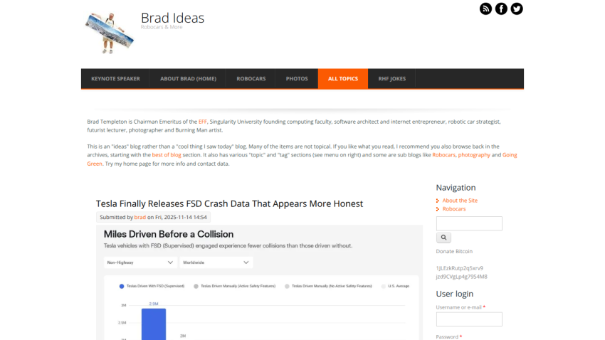 Brad Ideas blog homepage featuring navigation and article on Tesla FSD crash data with chart