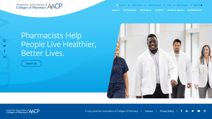 Homepage of American Association of Colleges of Pharmacy with navigation and message about pharmacists helping people live healthier lives