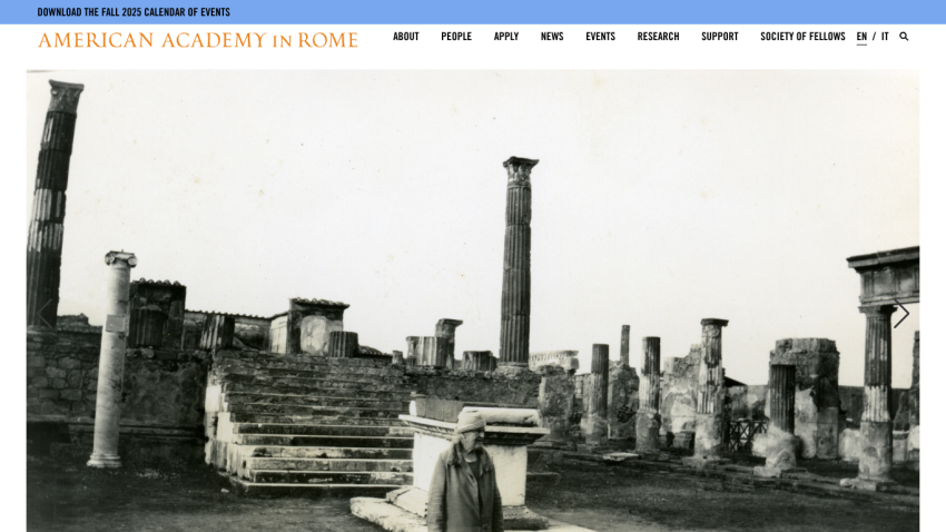 American Academy in Rome website with navigation and black-and-white photo of ancient Roman ruins and a person in the foreground.