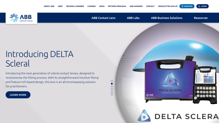 Website introducing DELTA Scleral contact lenses with a diagnostic fitting set and product description