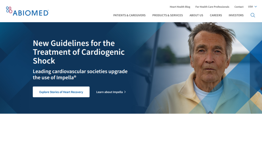 Abiomed homepage with new guidelines for cardiogenic shock and links to heart recovery stories and Impella information