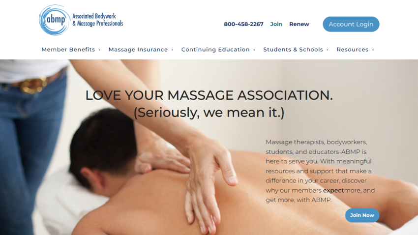 Homepage promoting a massage association with a welcoming message and contact information.