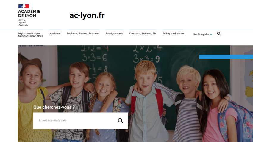 Homepage of Académie de Lyon featuring a group of children and a search bar.