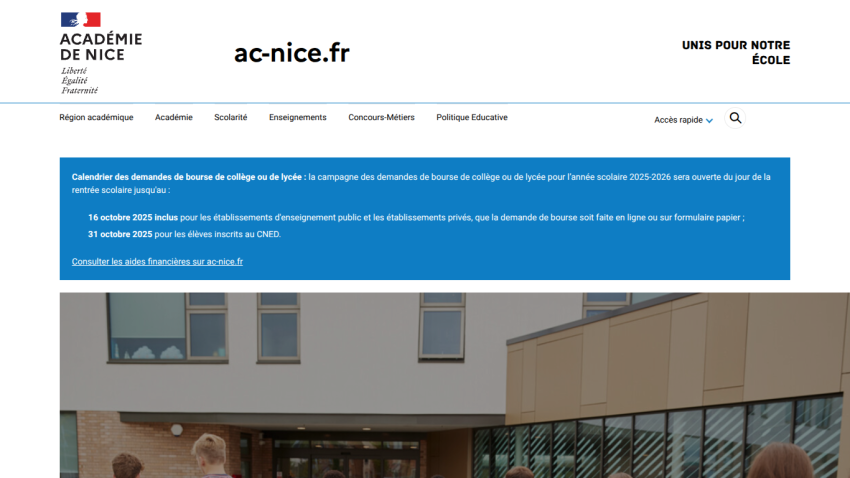 Homepage of Académie de Nice featuring a building and informational text about school enrollment.