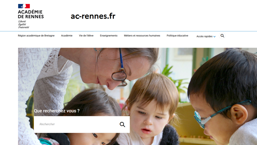 Homepage of Académie de Rennes featuring a teacher with children and a search bar.