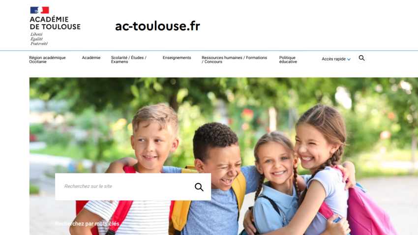 Homepage of Académie de Toulouse featuring a search bar and children smiling outdoors.