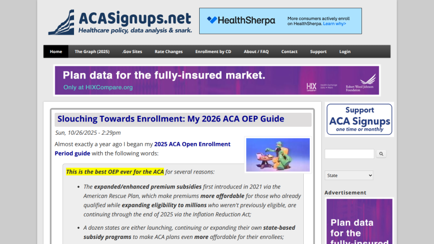 ACA Signups homepage with navigation, banner ads, and article titled 'Slouching Towards Enrollment: My 2026 ACA OEP Guide'