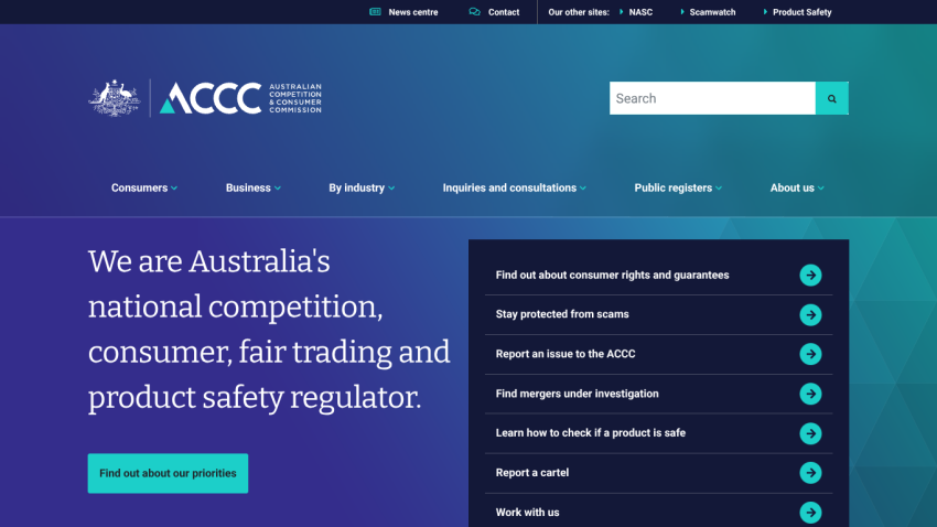 Homepage of ACCC, featuring navigation and key information about consumer rights.