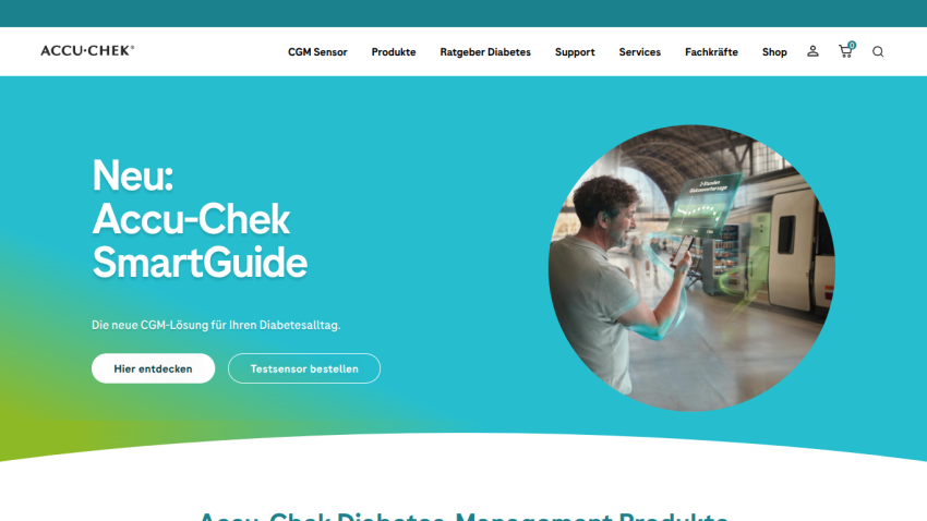 Accu-Chek SmartGuide diabetes CGM solution promotion with navigation menu and call-to-action buttons