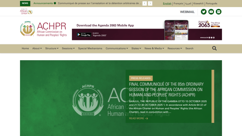 African Commission on Human and Peoples' Rights website with announcement of the 85th ordinary session final communiqué