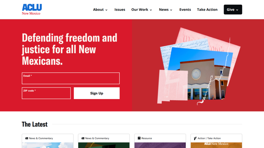 ACLU New Mexico homepage with navigation menu, headline about defending freedom and justice, email and ZIP code signup form, and an image of a building.