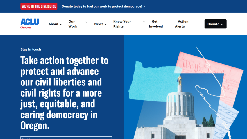 ACLU Oregon website top section with navigation and call to action to protect civil liberties and civil rights in Oregon.