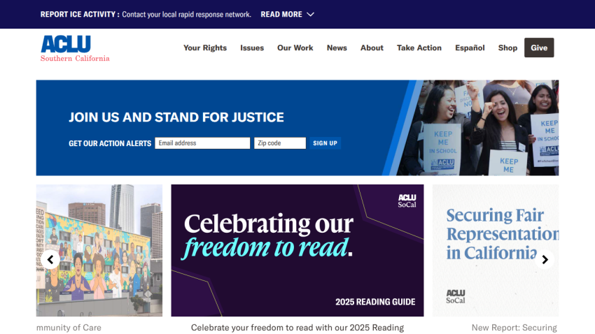 ACLU website with navigation bar, call to action to join, and featured content on freedom to read and securing fair representation