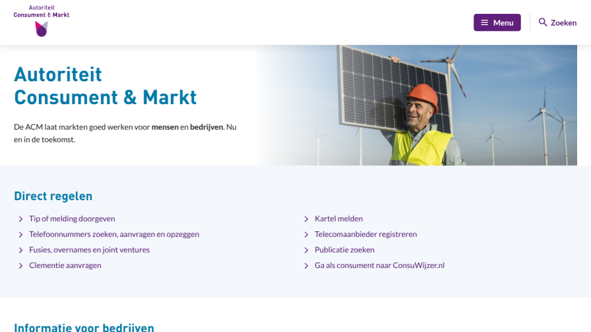 Homepage of Autoriteit Consument & Markt with a focus on consumer and market authority services.
