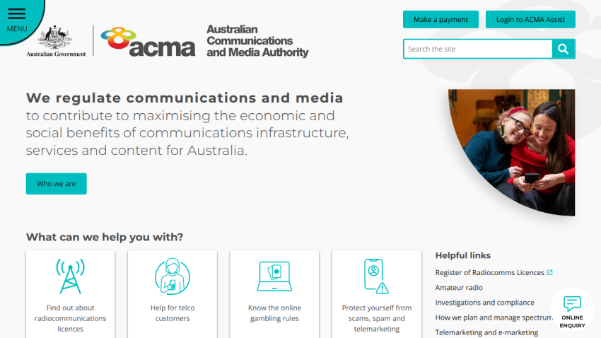 ACMA homepage with navigation, mission statement, and service links visible.
