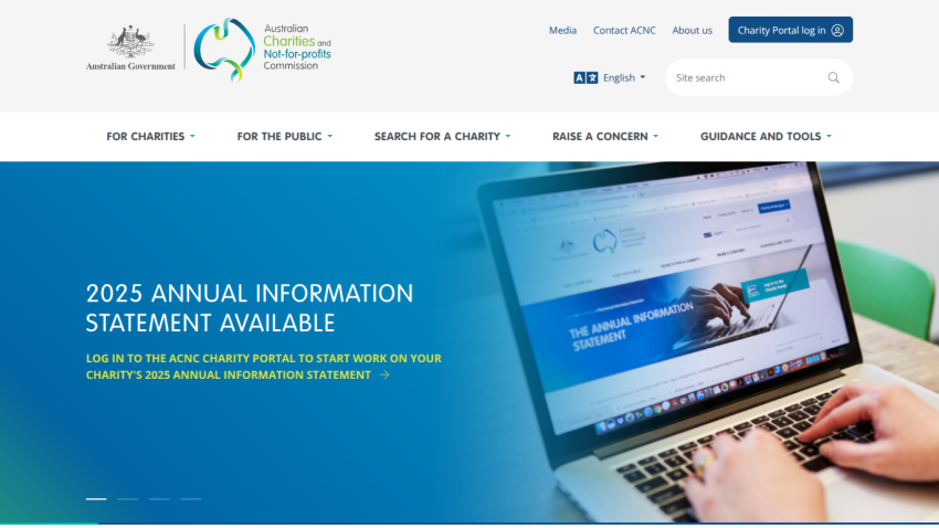 Homepage of the Australian Charities and Not-for-profits Commission with 2025 Annual Information Statement announcement.
