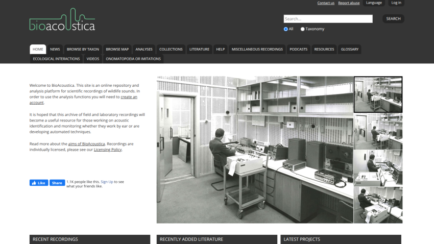 BioAcoustica homepage with navigation tabs, search bar, welcome text, and black and white lab photos