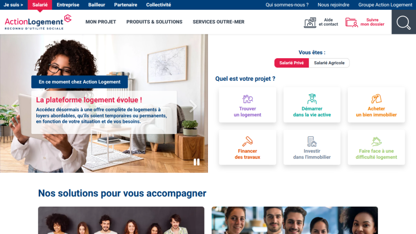 Homepage of Action Logement with project options and support solutions displayed.