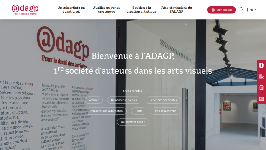 Homepage of ADAGP, the leading visual arts authors' society, with navigation and quick access buttons