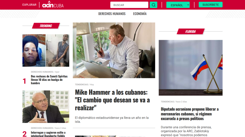 News site ADN Cuba with headlines on human rights, economy, and politics including Mike Hammer's statement to Cubans