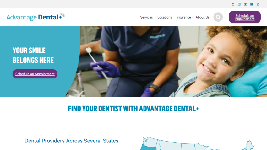 Dental service homepage with a smiling child, slogan 'Your Smile Belongs Here', and appointment scheduling options.