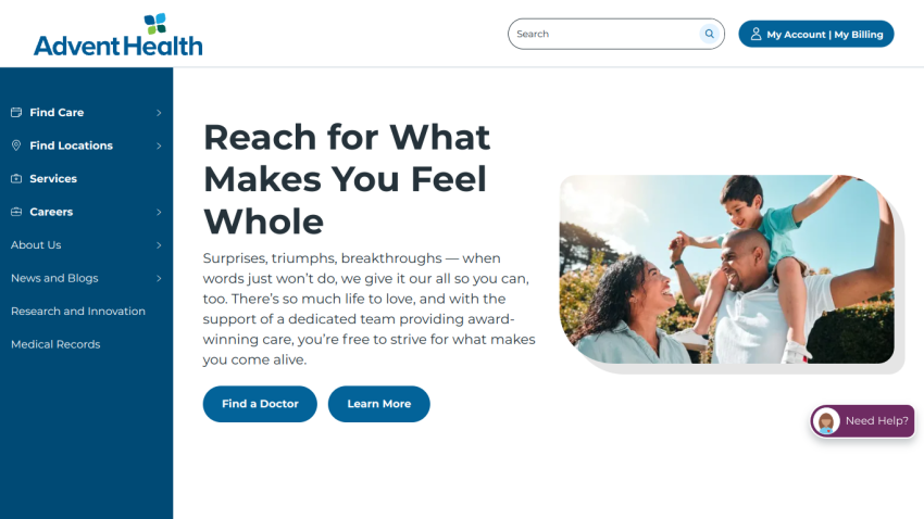 Homepage of AdventHealth featuring a family and a call to action for finding a doctor.