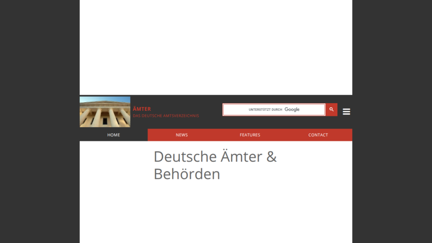 Website header with navigation and search bar, main headline 'Deutsche Ämter & Behörden' indicating German offices and authorities