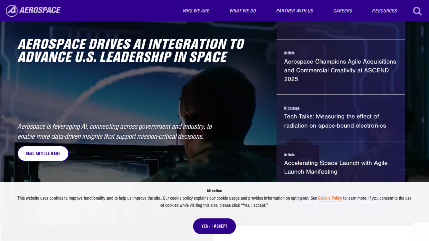 Aerospace company promoting AI integration for U.S. leadership in space with key articles listed.