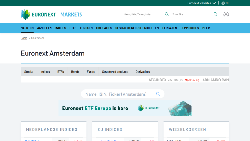 Euronext Amsterdam market page with navigation tabs, search bars, and market indices overview including AEX-Index data.