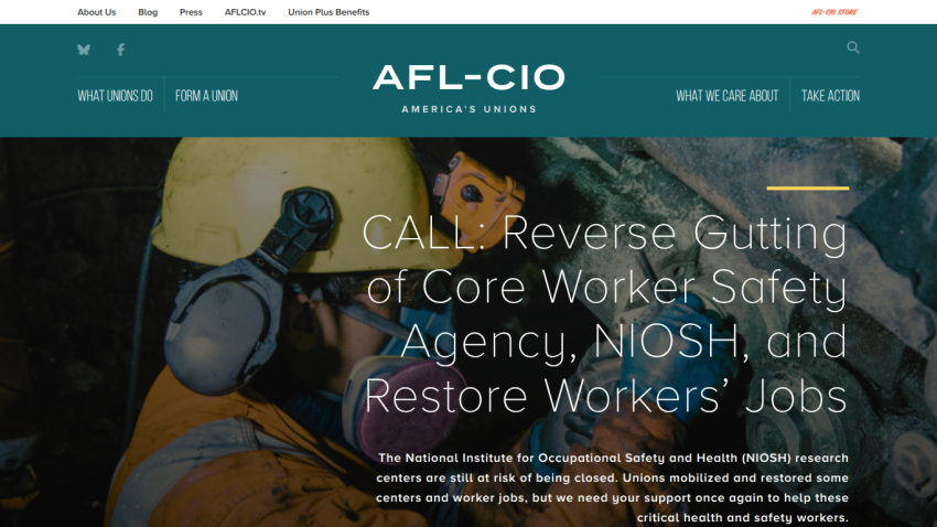 AFL-CIO website featuring a call to action regarding worker safety agency cuts.